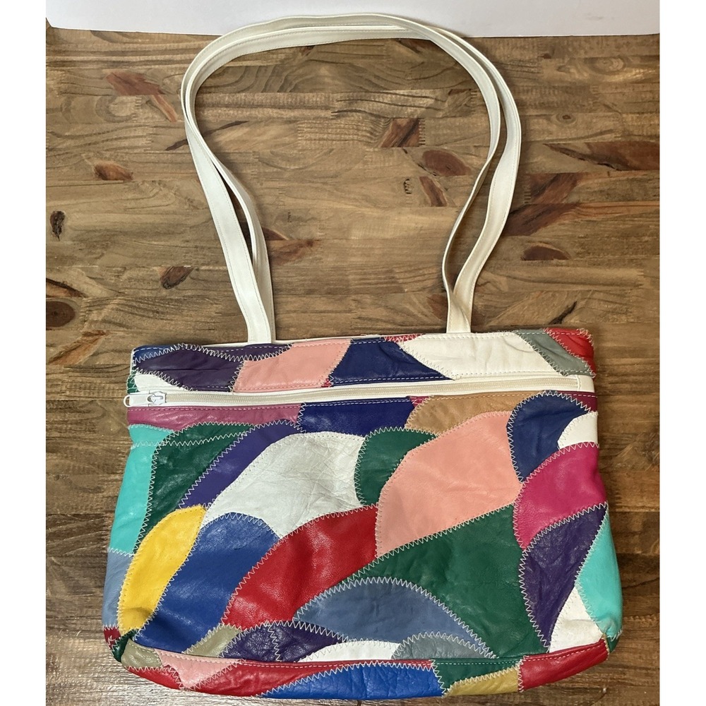 Vintage Genuine Leather Patchwork Tote Bag Multicolor Colorblock Shoulder Purse - Picture 6 of 16